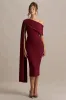 Leah | Burgundy Asymmetric-Neck Midi Dress With Cape-Sleeve And Draped Detailing sold by Club L London