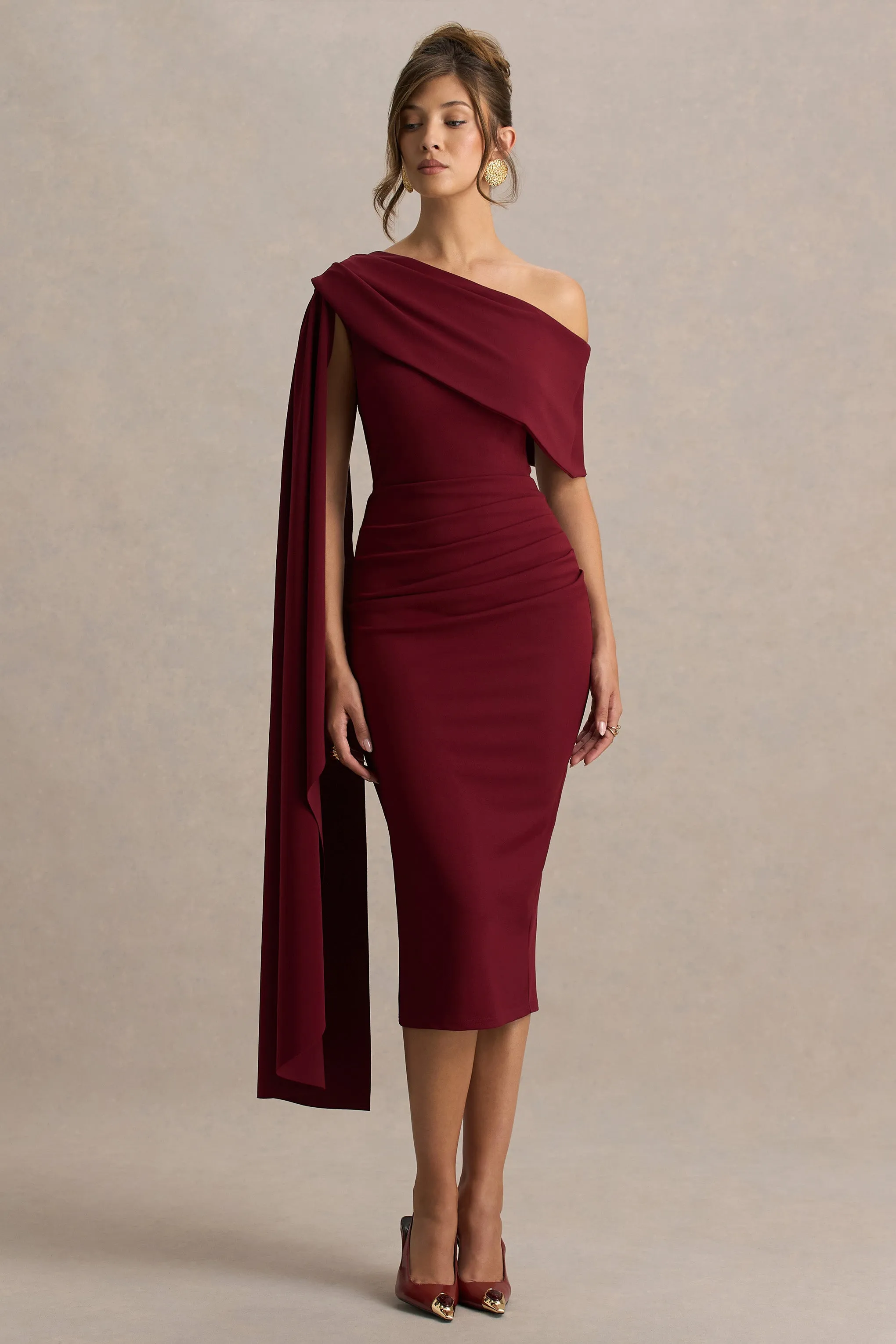 Leah | Burgundy Asymmetric-Neck Midi Dress With Cape-Sleeve And Draped Detailing sold by Club L London product image thumbnail 3