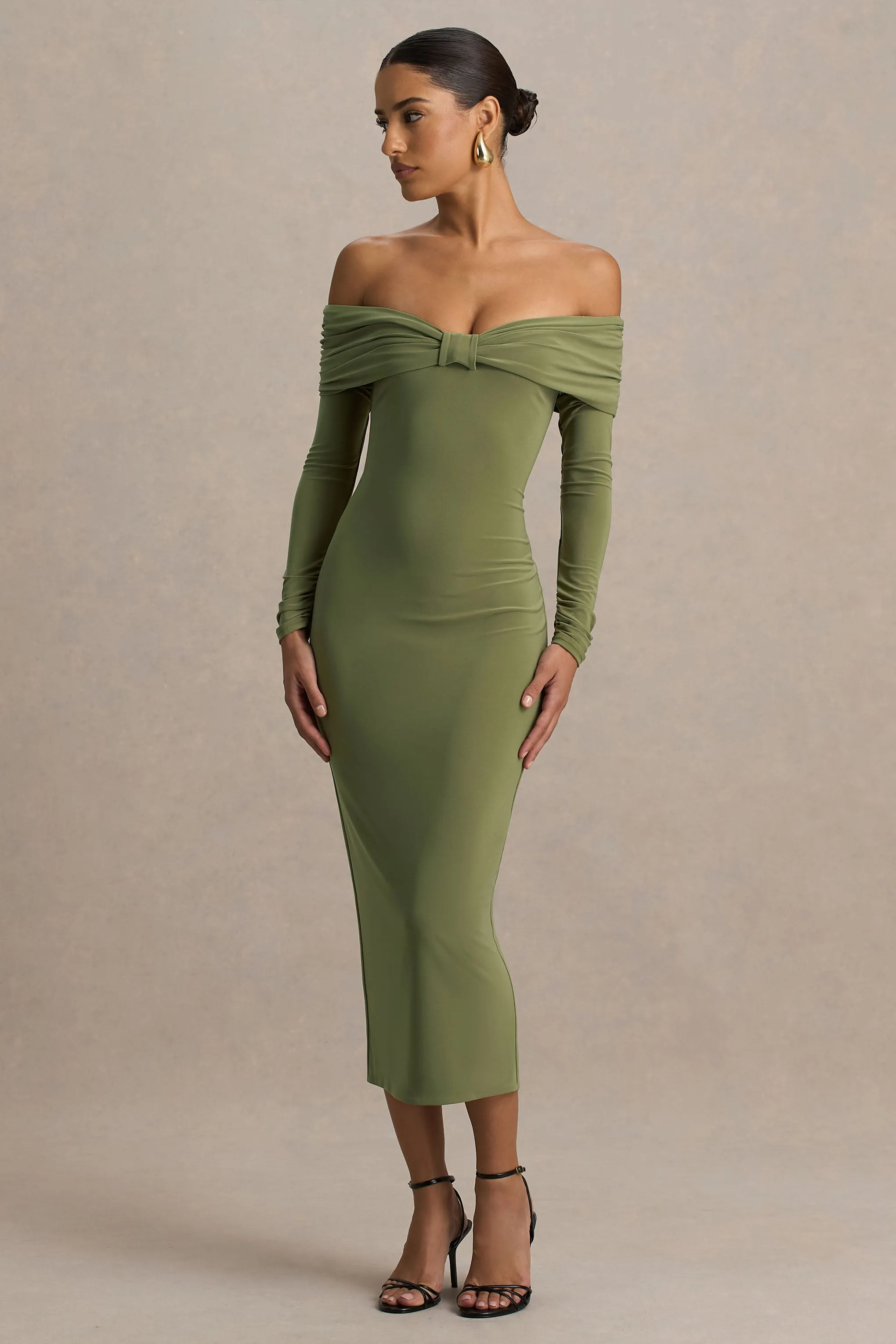 Spark | Olive Bardot-Neck Maxi Dress With Bow Detail sold by Club L London product image thumbnail 5