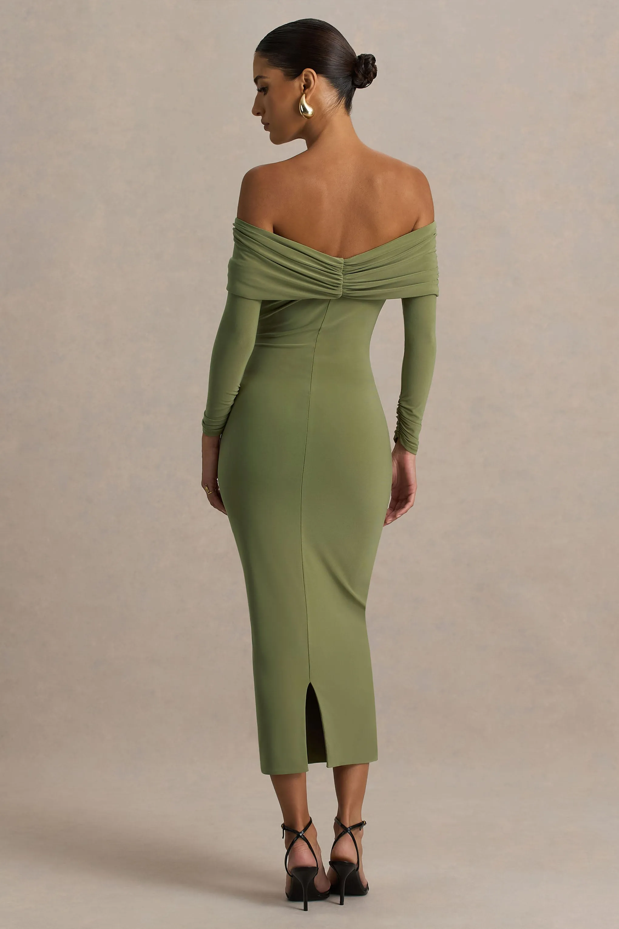Spark | Olive Bardot-Neck Maxi Dress With Bow Detail sold by Club L London product image thumbnail 2