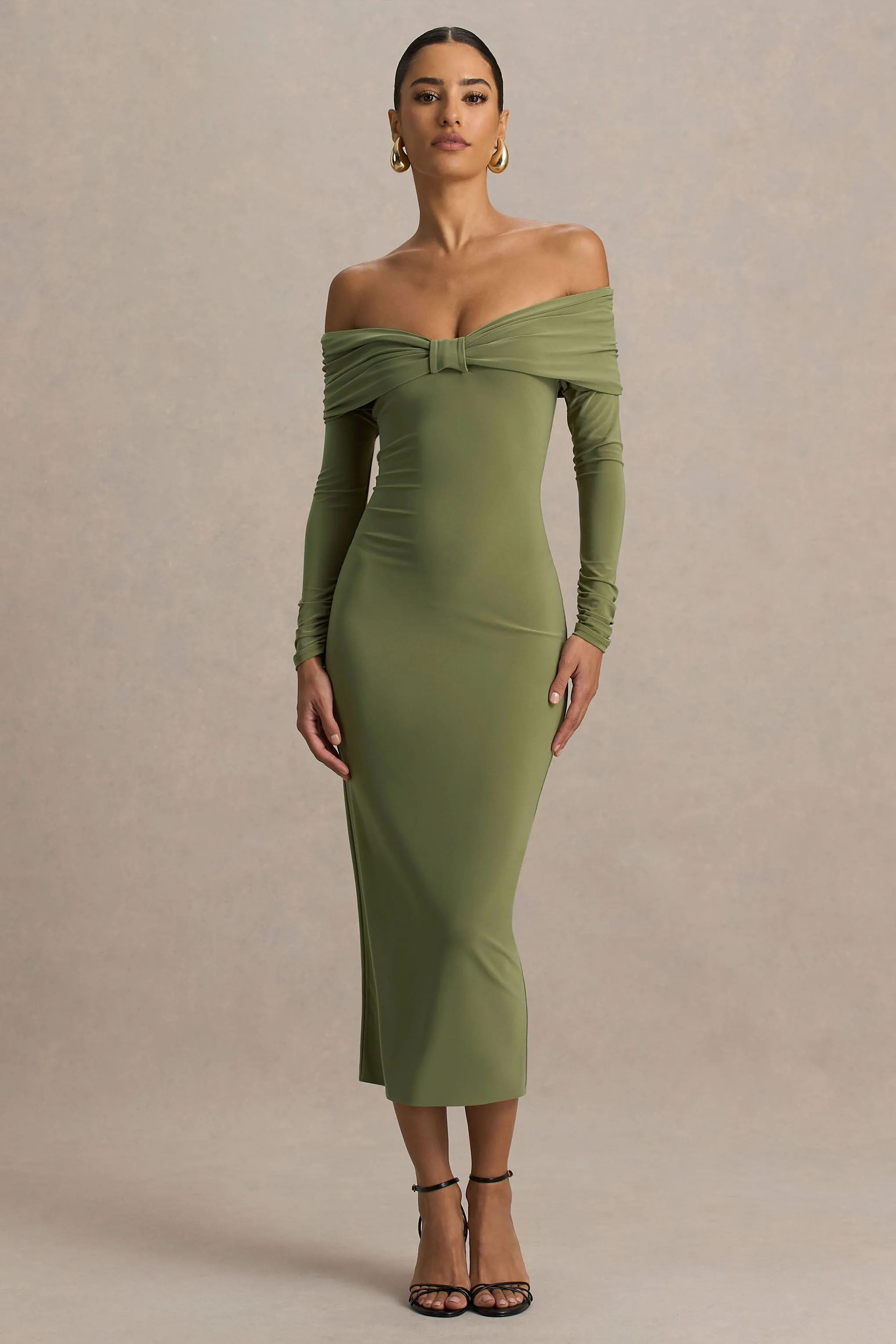 Spark | Olive Bardot-Neck Maxi Dress With Bow Detail sold by Club L London product image thumbnail 4