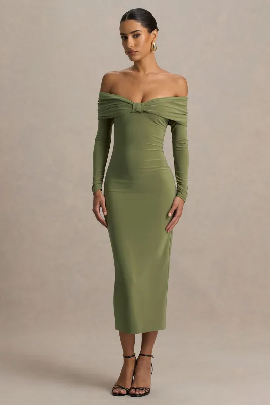 Spark | Olive Bardot-Neck Maxi Dress With Bow Detail sold by Club L London