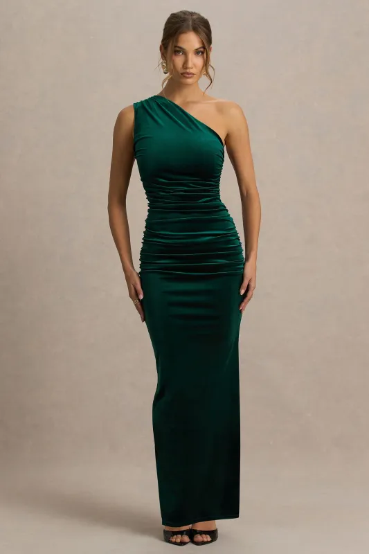 Treat | Bottle Green Velvet Asymmetric-Neck Maxi Dress With Ruched Detailing sold by Club L London