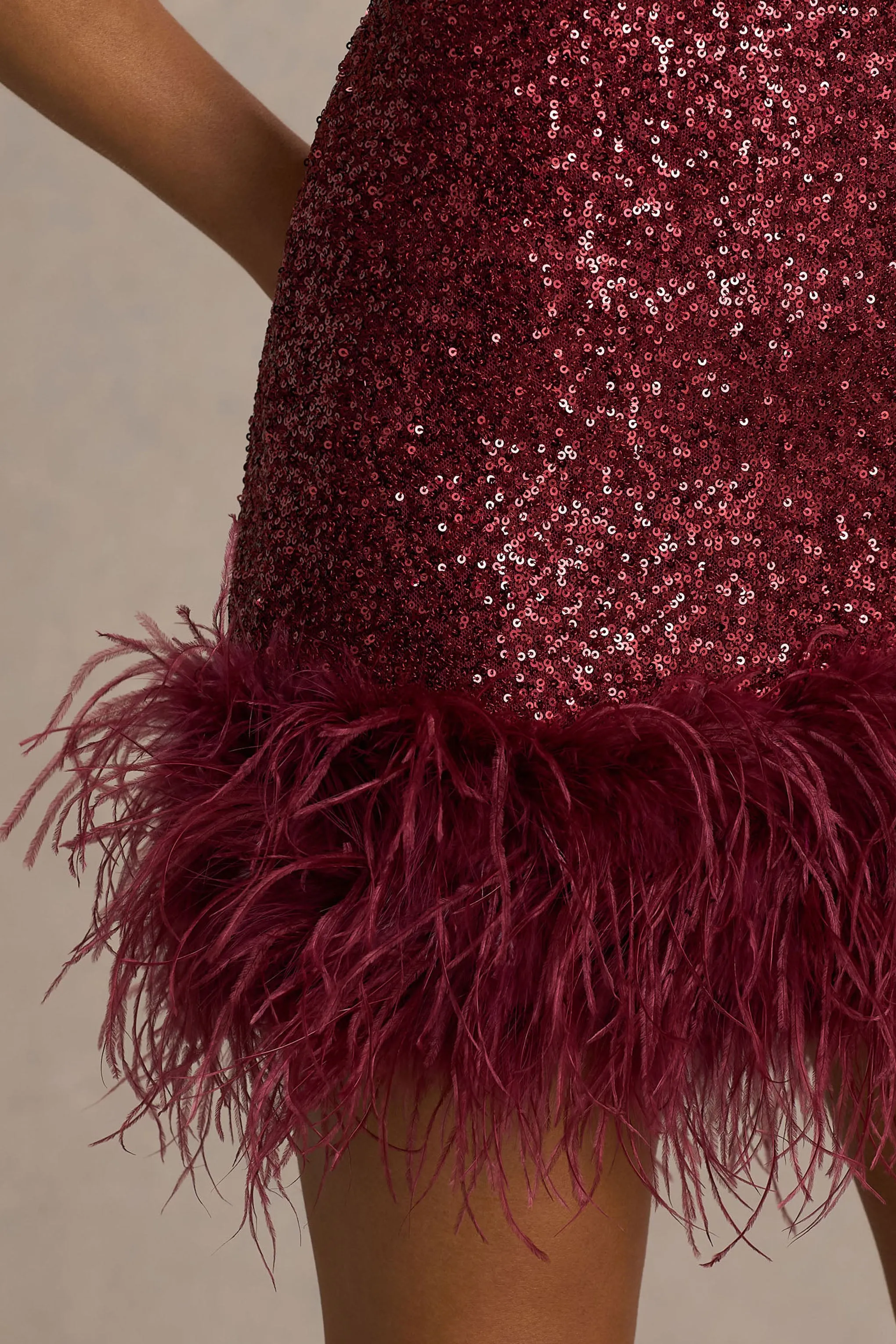 Rosalinda | Burgundy Sequin Square-Neck Mini Dress With Feather Trim sold by Club L London product image thumbnail 3