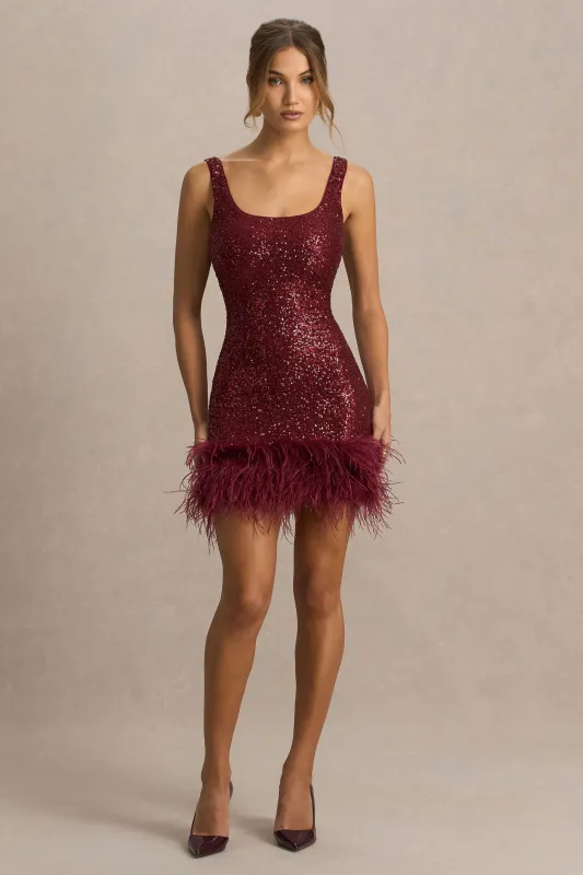 Rosalinda | Burgundy Sequin Square-Neck Mini Dress With Feather Trim sold by Club L London