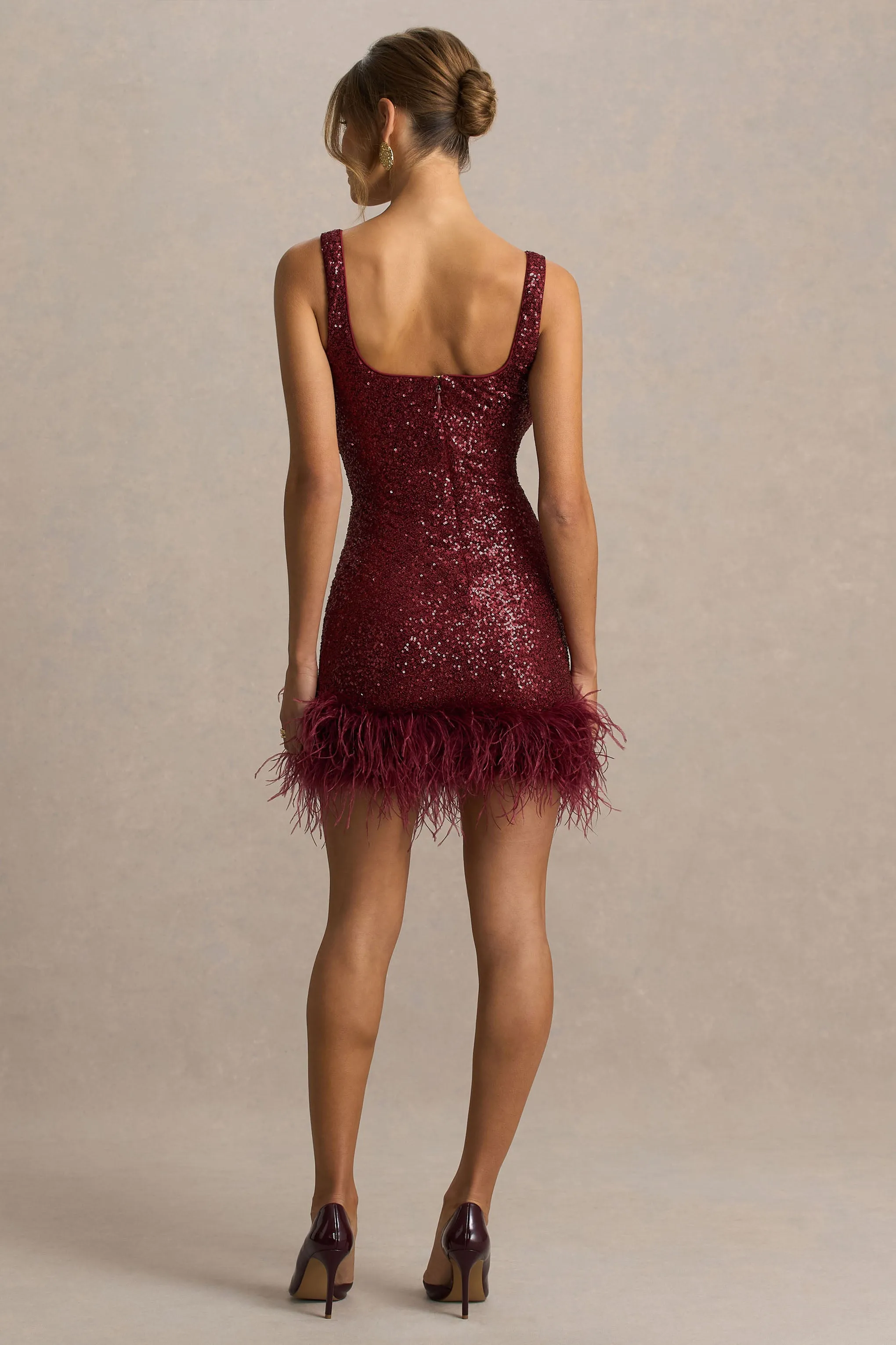 Rosalinda | Burgundy Sequin Square-Neck Mini Dress With Feather Trim sold by Club L London product image thumbnail 2