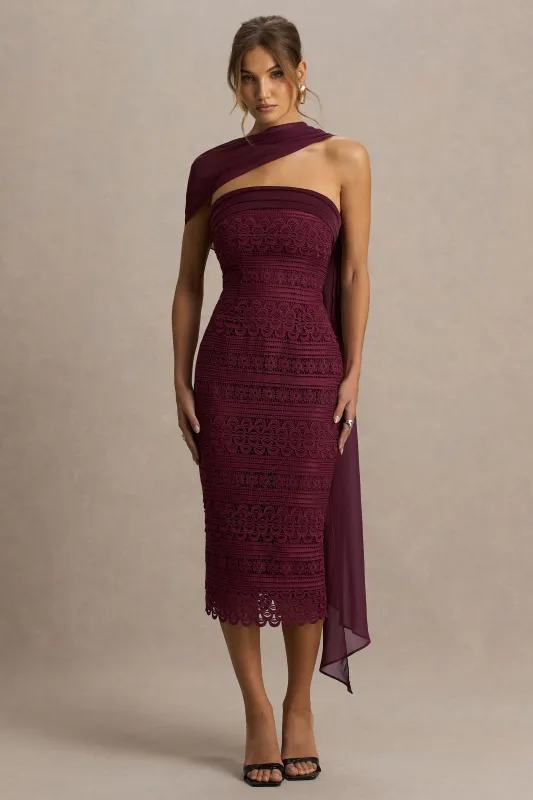 Secret | Burgundy Bandeau Lace Midi Dress With Scarf Detail sold by Club L London