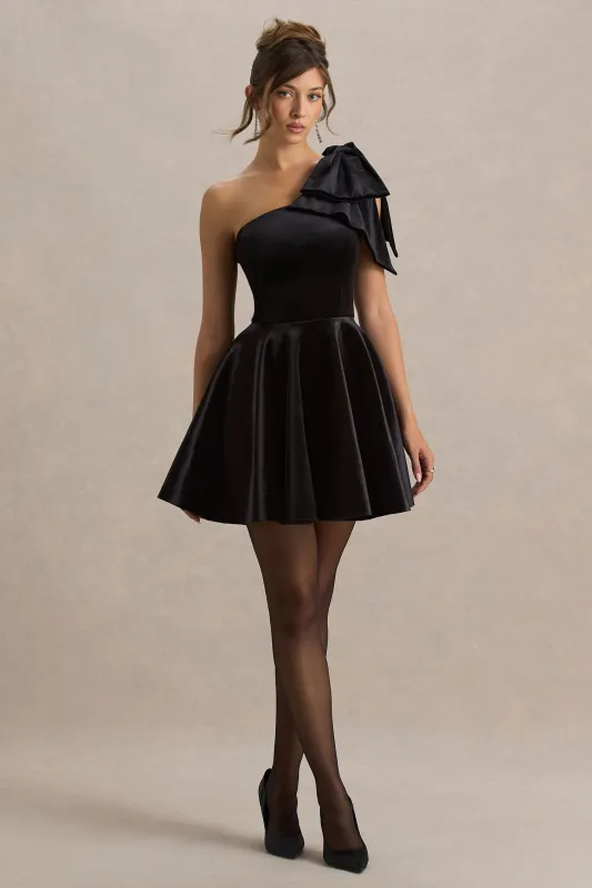 Keeley | Black Asymmetric-Neck Velvet Mini Dress With Bow Detail sold by Club L London