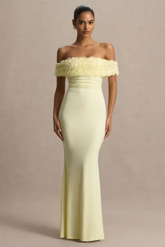 Pastille | Lemon Floral Bardot Maxi Dress With Ruched Detailing sold by Club L London