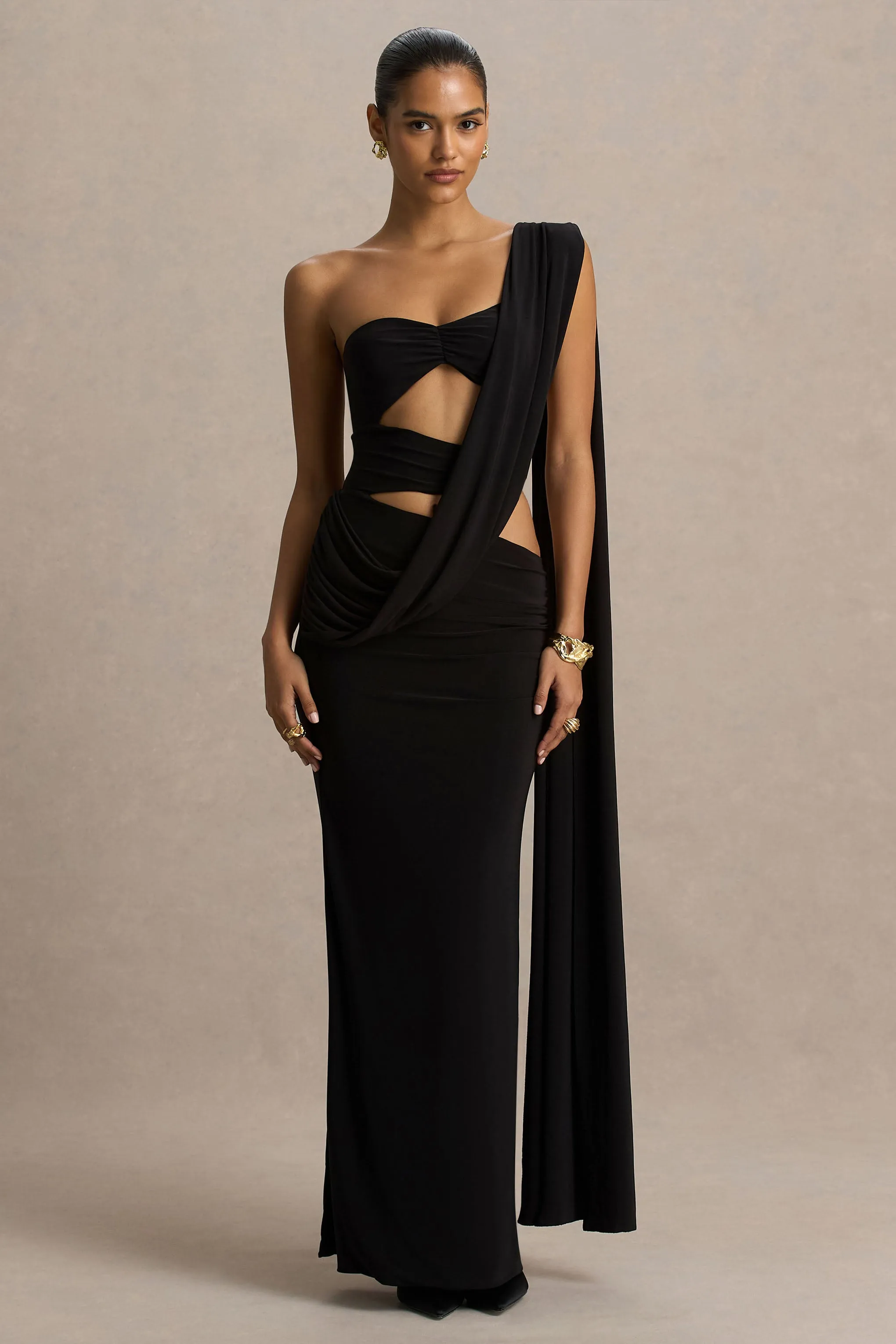 Nebula | Black Bandeau Maxi Dress With Body Cut-Out Details sold by Club L London