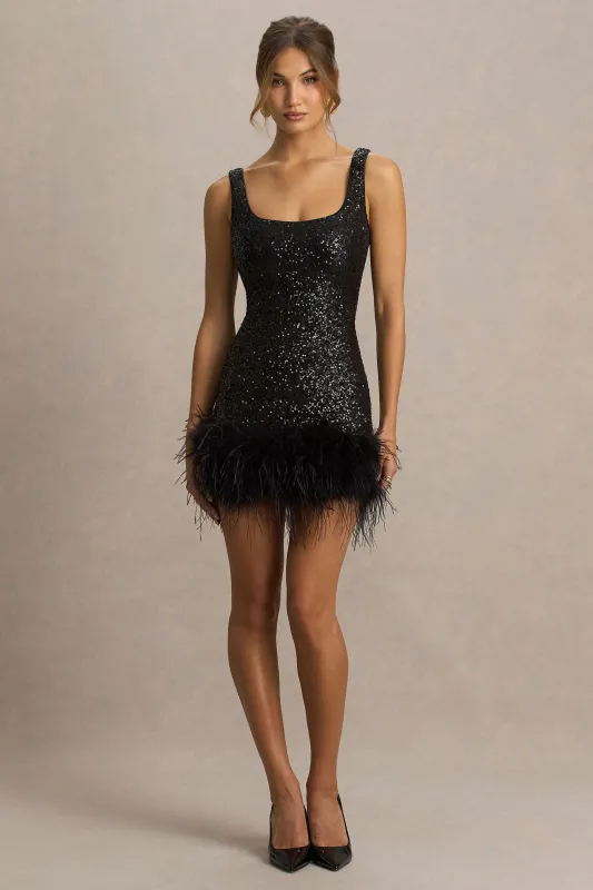 Rosalinda | Black Sequin Square-Neck Mini Dress With Feather Trim sold by Club L London