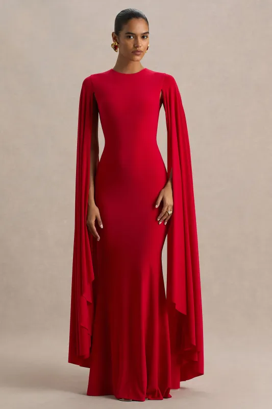 Briony | Red Crew-Neck Maxi Dress With Cape Sleeves made by Club L London