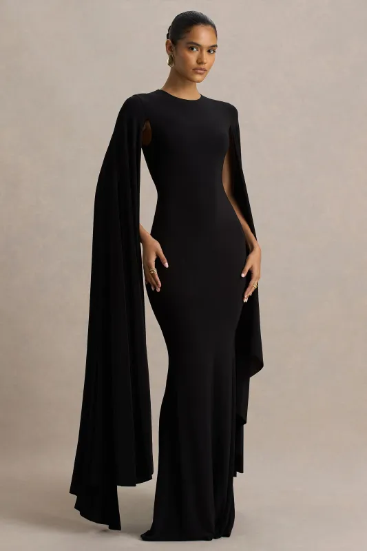 Briony | Black Crew-Neck Maxi Dress With Cape Sleeves made by Club L London