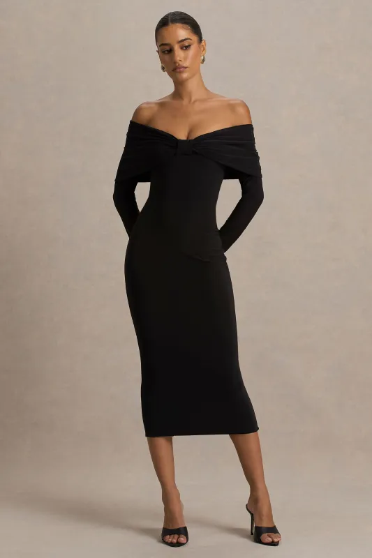 Spark | Black Bardot-Neck Midi Dress With Bow Detail sold by Club L London