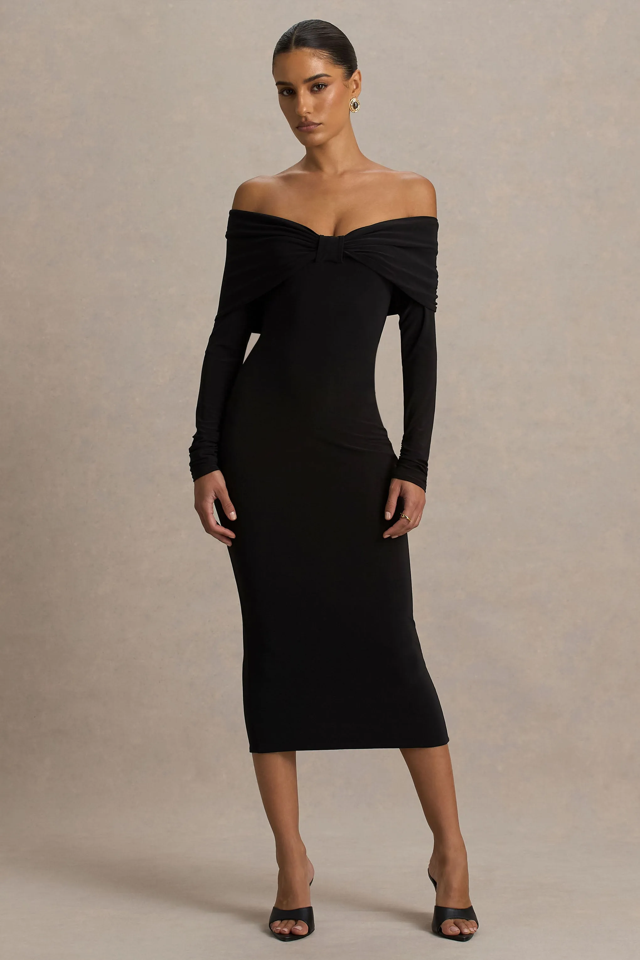 Spark | Black Bardot-Neck Midi Dress With Bow Detail sold by Club L London product image thumbnail 5