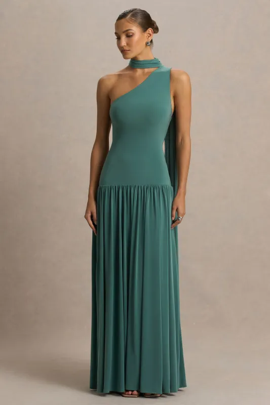 Freesia | Teal Asymmetric-Neck Maxi Dress With Scarf-Detail sold by Club L London