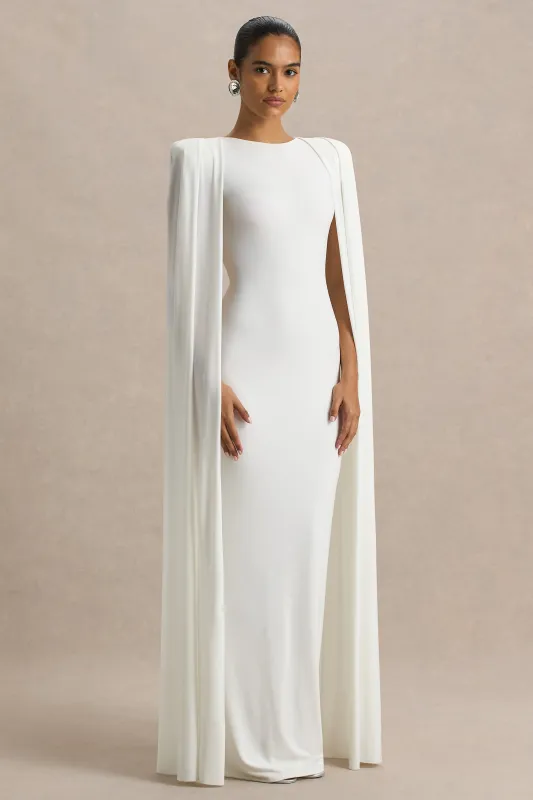 Mimi | White Slashed-Neck Maxi Dress With Cape Sleeve Detail sold by Club L London
