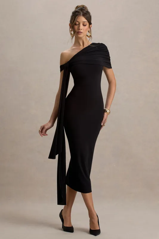 Praia | Black Asymmetric-Neck Maxi Dress With Sash and Draped Detailing sold by Club L London