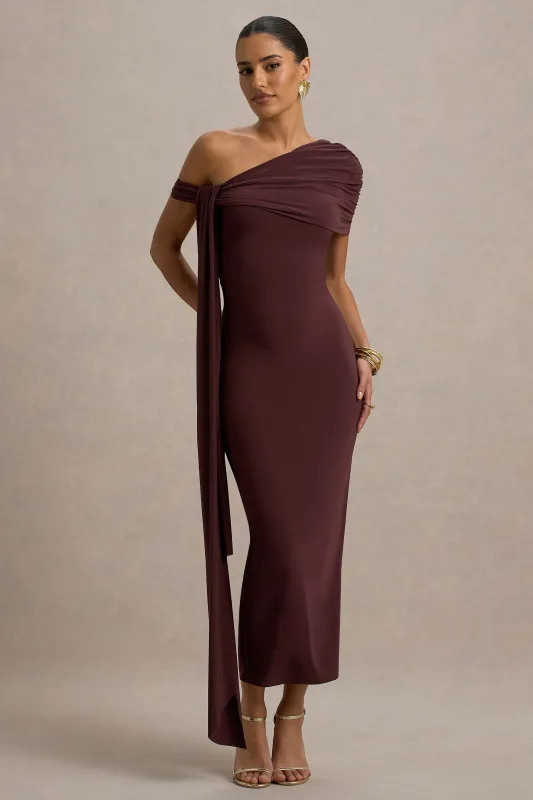 Praia | Chocolate Brown Asymmetric-Neck Midi Dress With Sash and Draped Detailing sold by Club L London