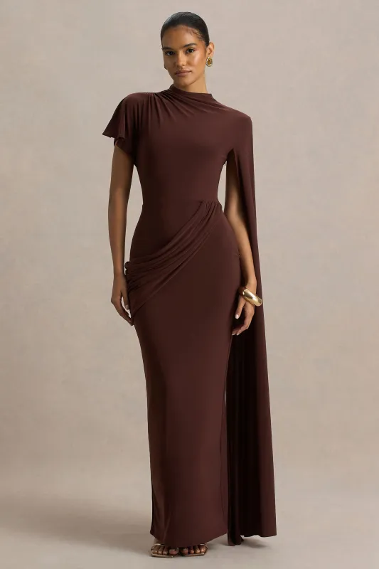 Tropic | Brown High-Neck Maxi With Long Cape Sleeve sold by Club L London
