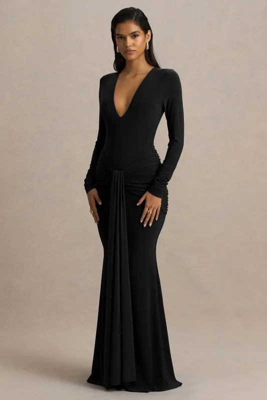 Saffie | Black Extreme-Plunge Wrap Maxi Dress With Long-Sleeves And Ruched Detailing sold by Club L London