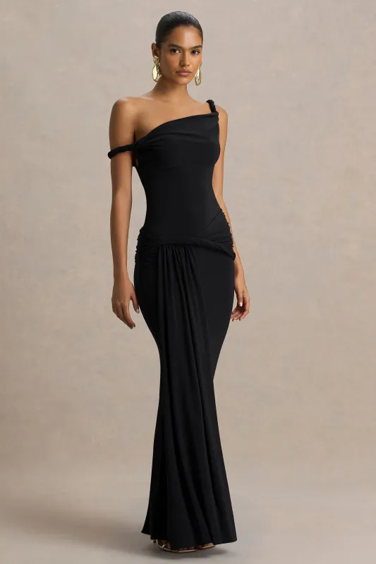 Tulisa | Black Asymmetric-Neck Maxi Dress With Twist Sleeves And Ruched Detailing made by Club L London