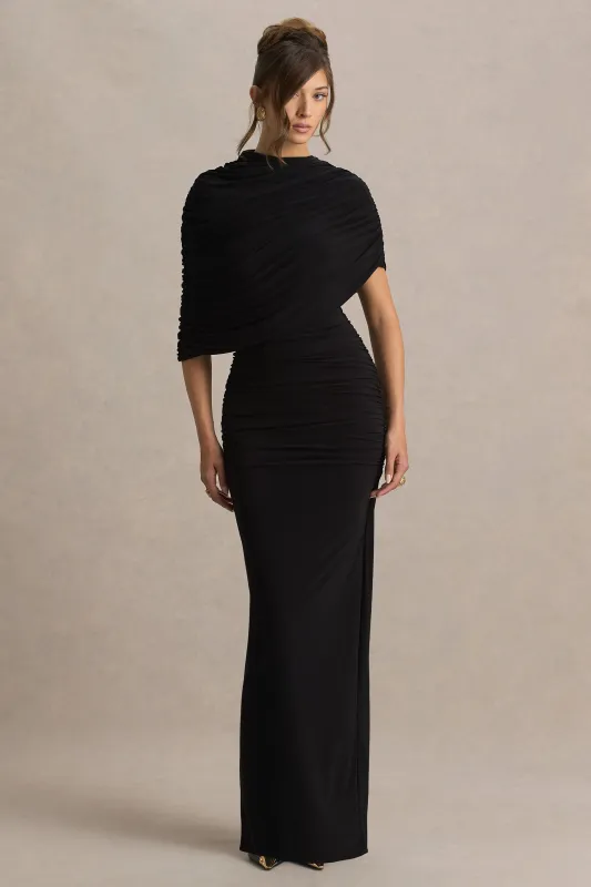 Glitz | Black High-Neck Maxi Dress With Cape Sleeve and Ruched Detail sold by Club L London