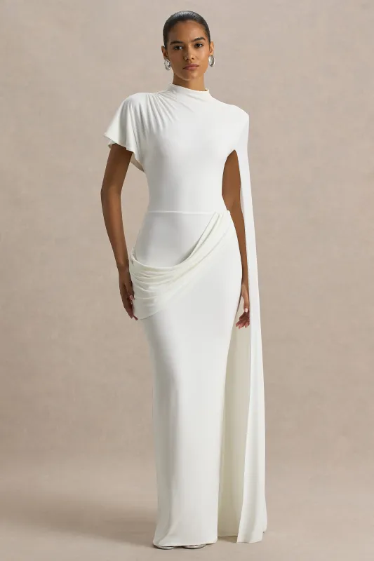Tropic | White High-Neck Maxi With Long Cape Sleeve sold by Club L London