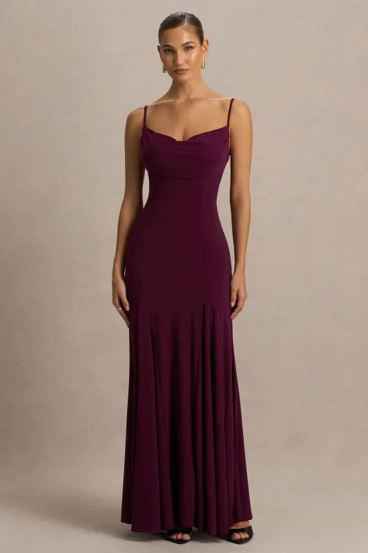 Gabbie | Burgundy Cowl-Neck Maxi Dress With Mesh Back Detail sold by Club L London
