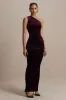 Treat | Burgundy Velvet Asymmetric-Neck Maxi Dress With Ruched Detailing. sold by Club L London