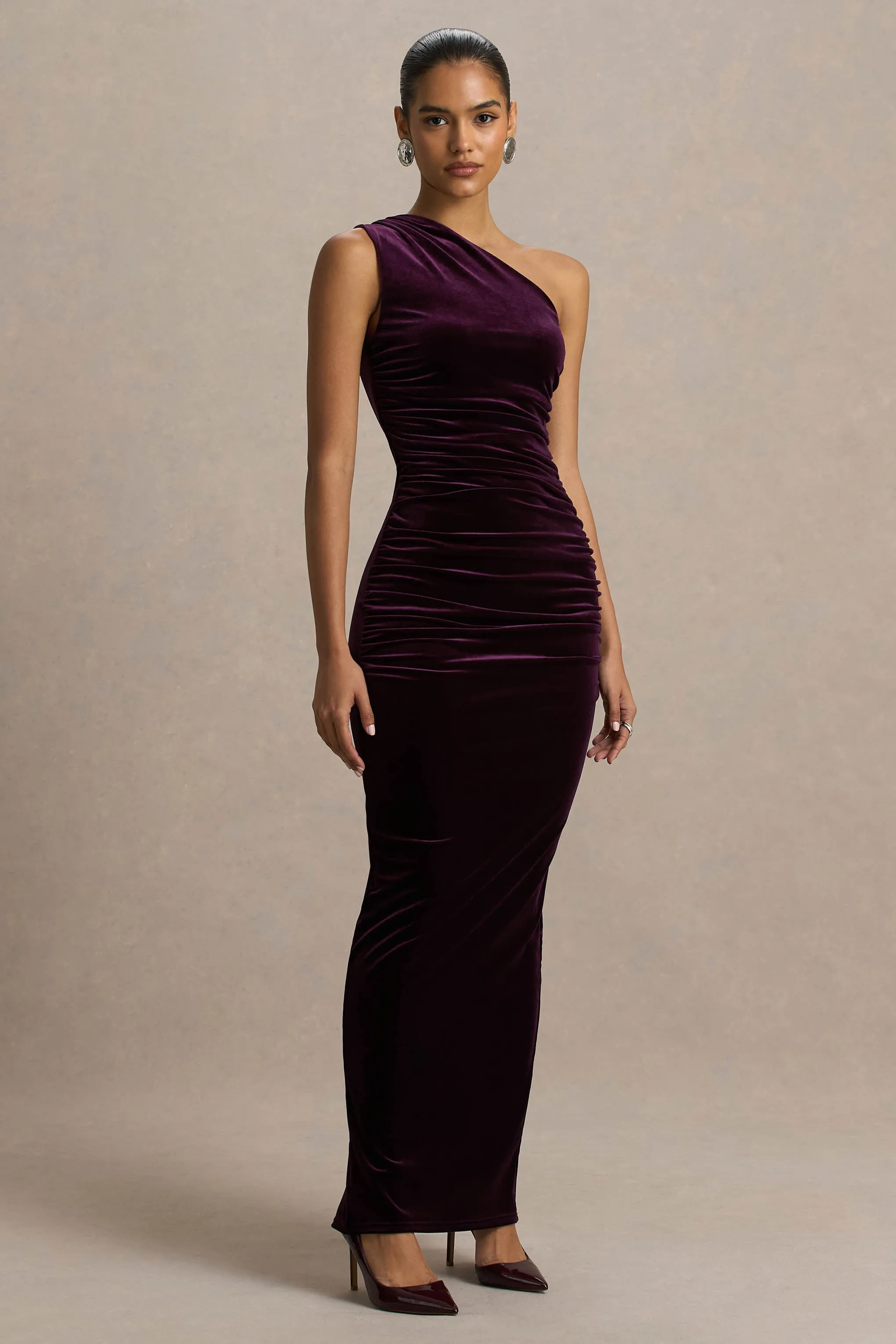 Treat | Burgundy Velvet Asymmetric-Neck Maxi Dress With Ruched Detailing. sold by Club L London product image thumbnail 4