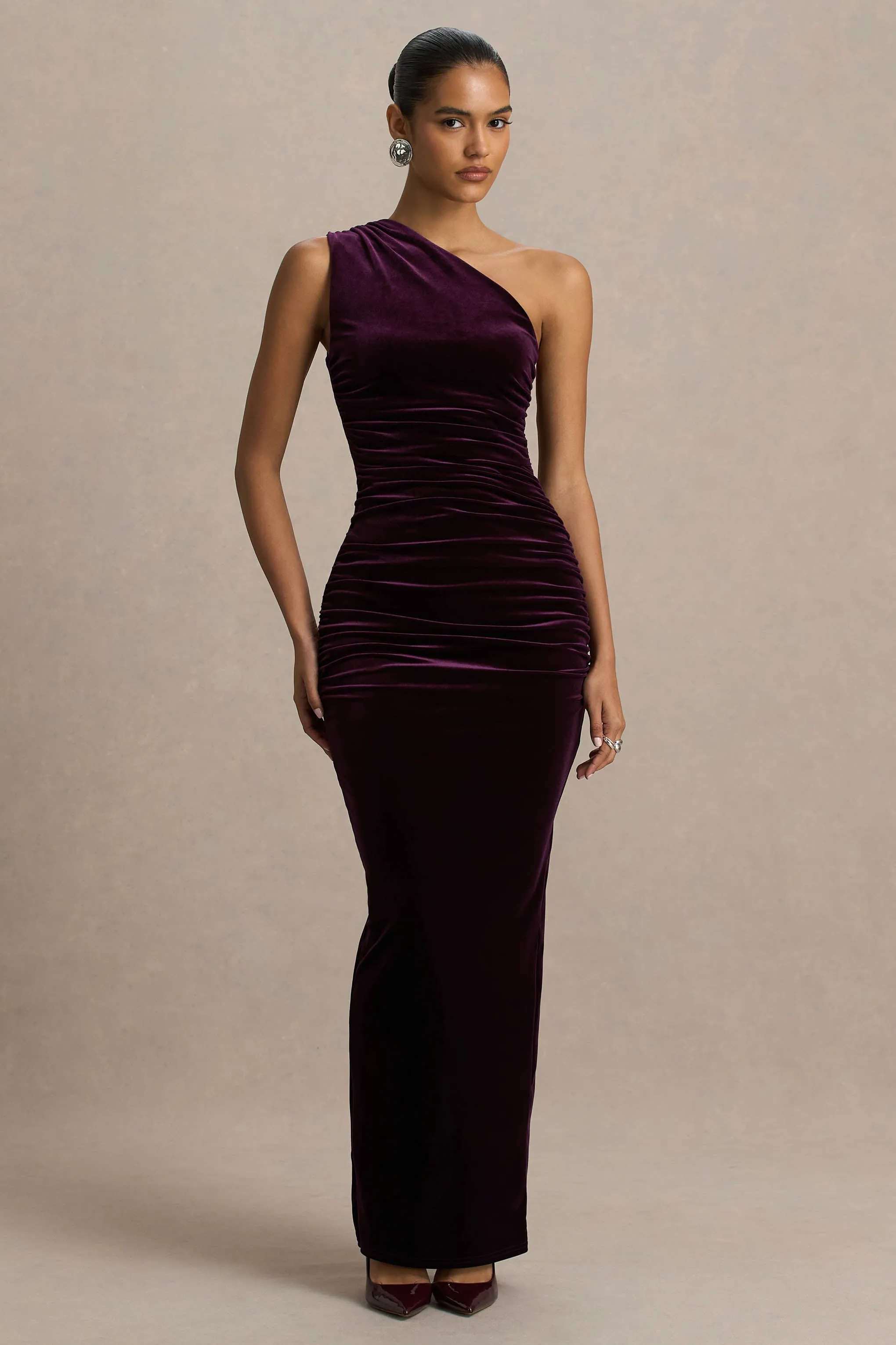 Treat | Burgundy Velvet Asymmetric-Neck Maxi Dress With Ruched Detailing. sold by Club L London