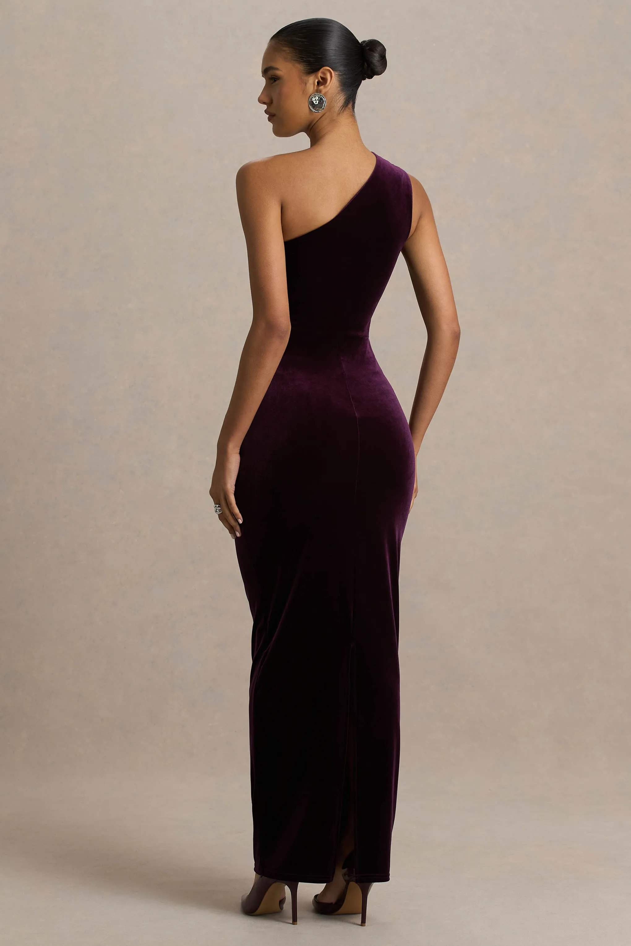 Treat | Burgundy Velvet Asymmetric-Neck Maxi Dress With Ruched Detailing. sold by Club L London product image thumbnail 2
