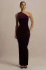 Treat | Burgundy Velvet Asymmetric-Neck Maxi Dress With Ruched Detailing. sold by Club L London