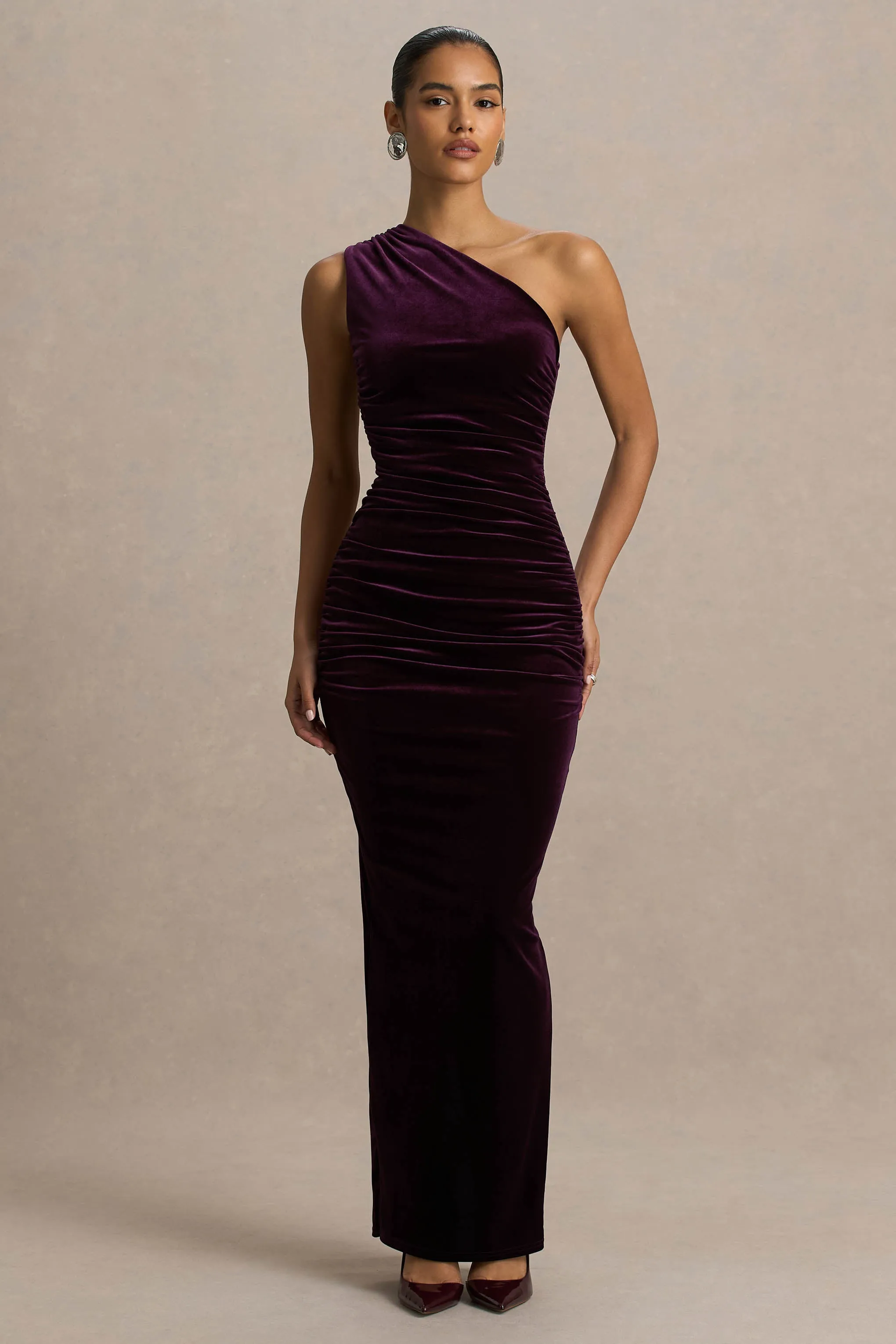 Treat | Burgundy Velvet Asymmetric-Neck Maxi Dress With Ruched Detailing. sold by Club L London product image thumbnail 3