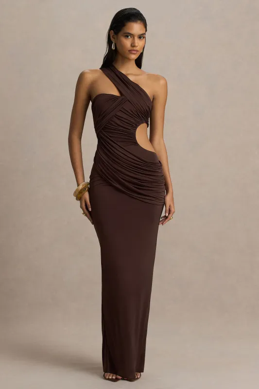 Serena | Brown Asymmetric-Neck Maxi Dress With Body Cut-Out sold by Club L London