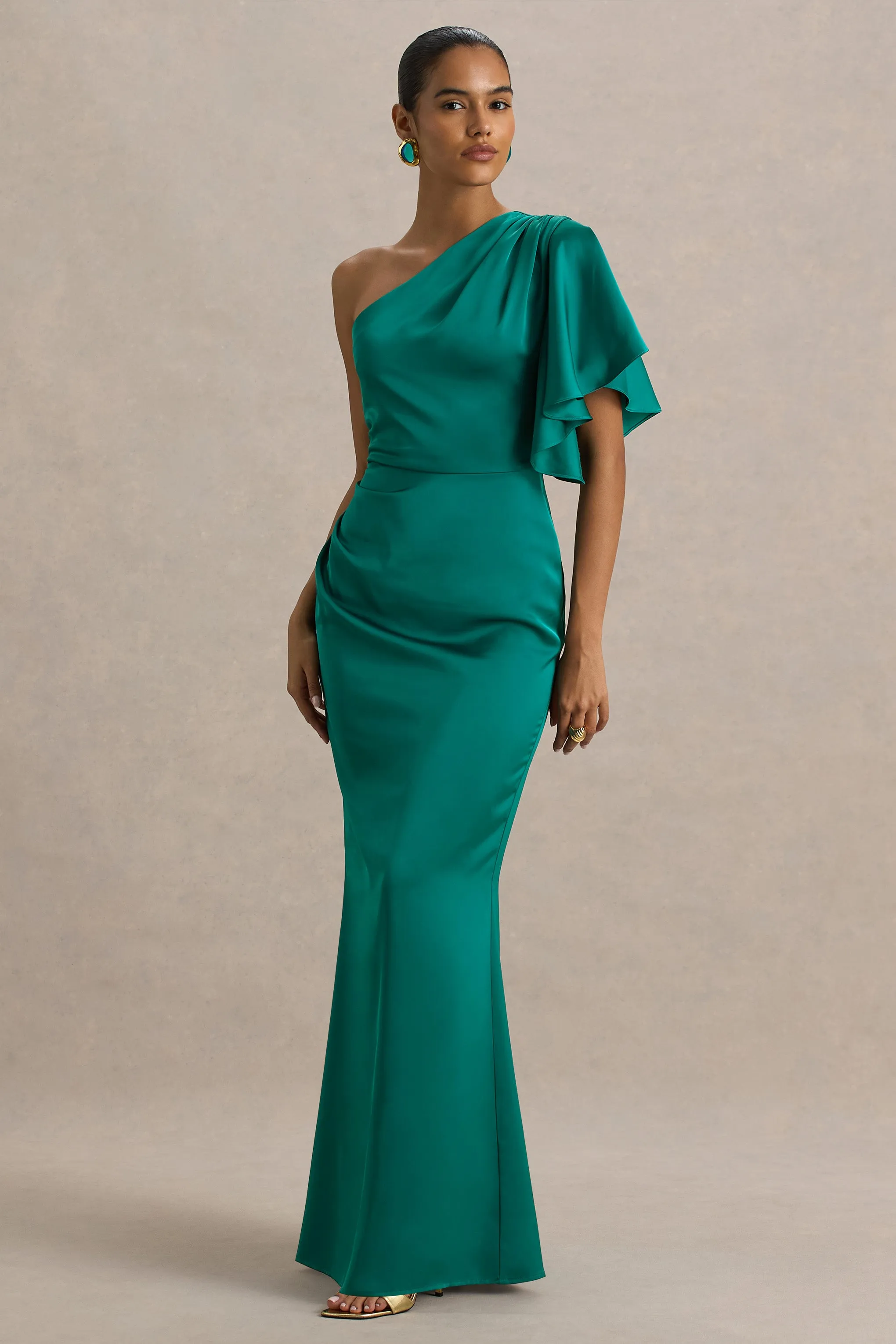 Unforgettable | Bottle Green Asymmetric-Neck Maxi Dress With Ruched Detailing sold by Club L London product image thumbnail 3