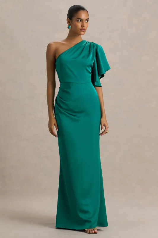Unforgettable | Bottle Green Asymmetric-Neck Maxi Dress With Ruched Detailing sold by Club L London
