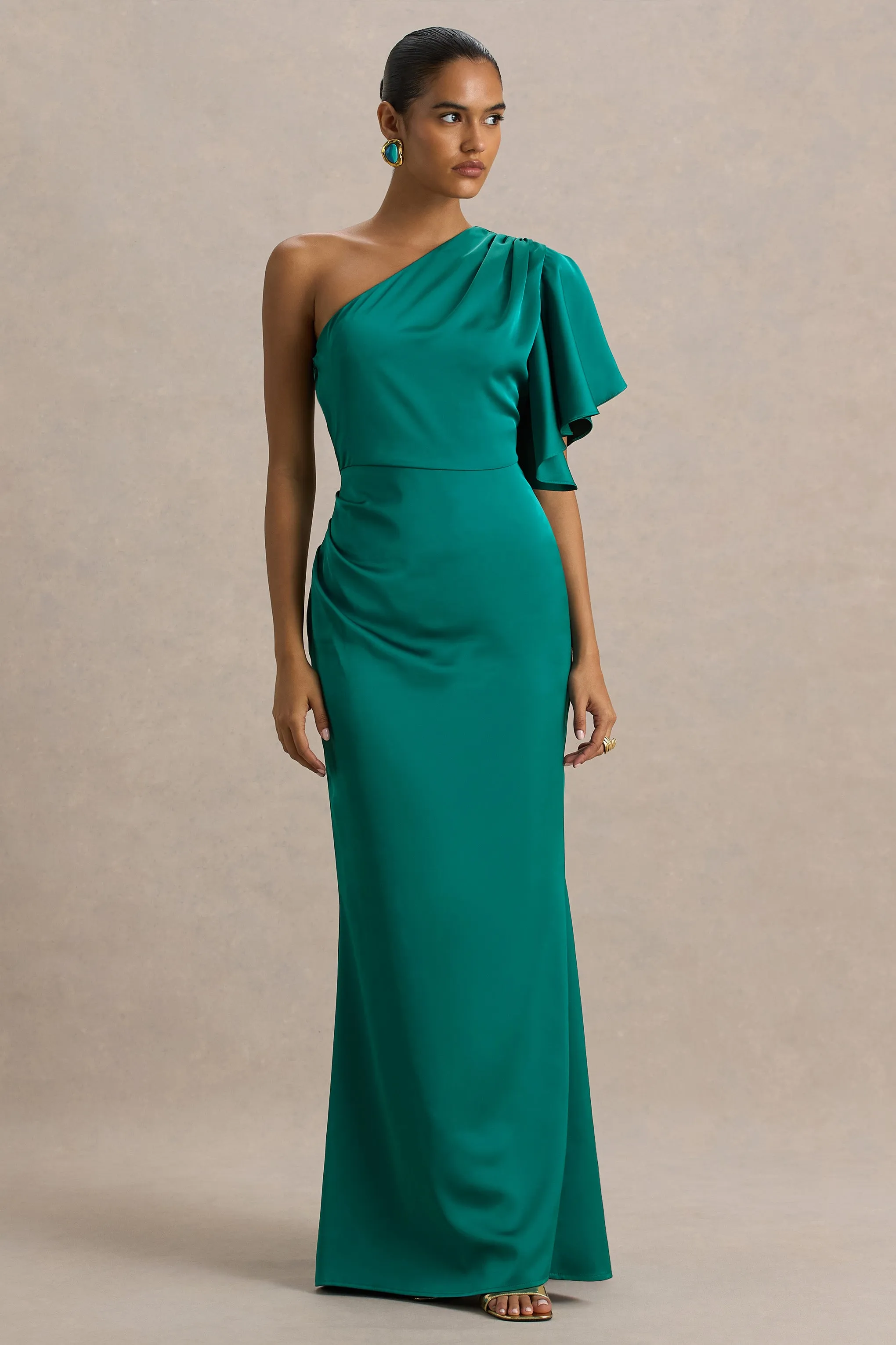 Unforgettable | Bottle Green Asymmetric-Neck Maxi Dress With Ruched Detailing sold by Club L London