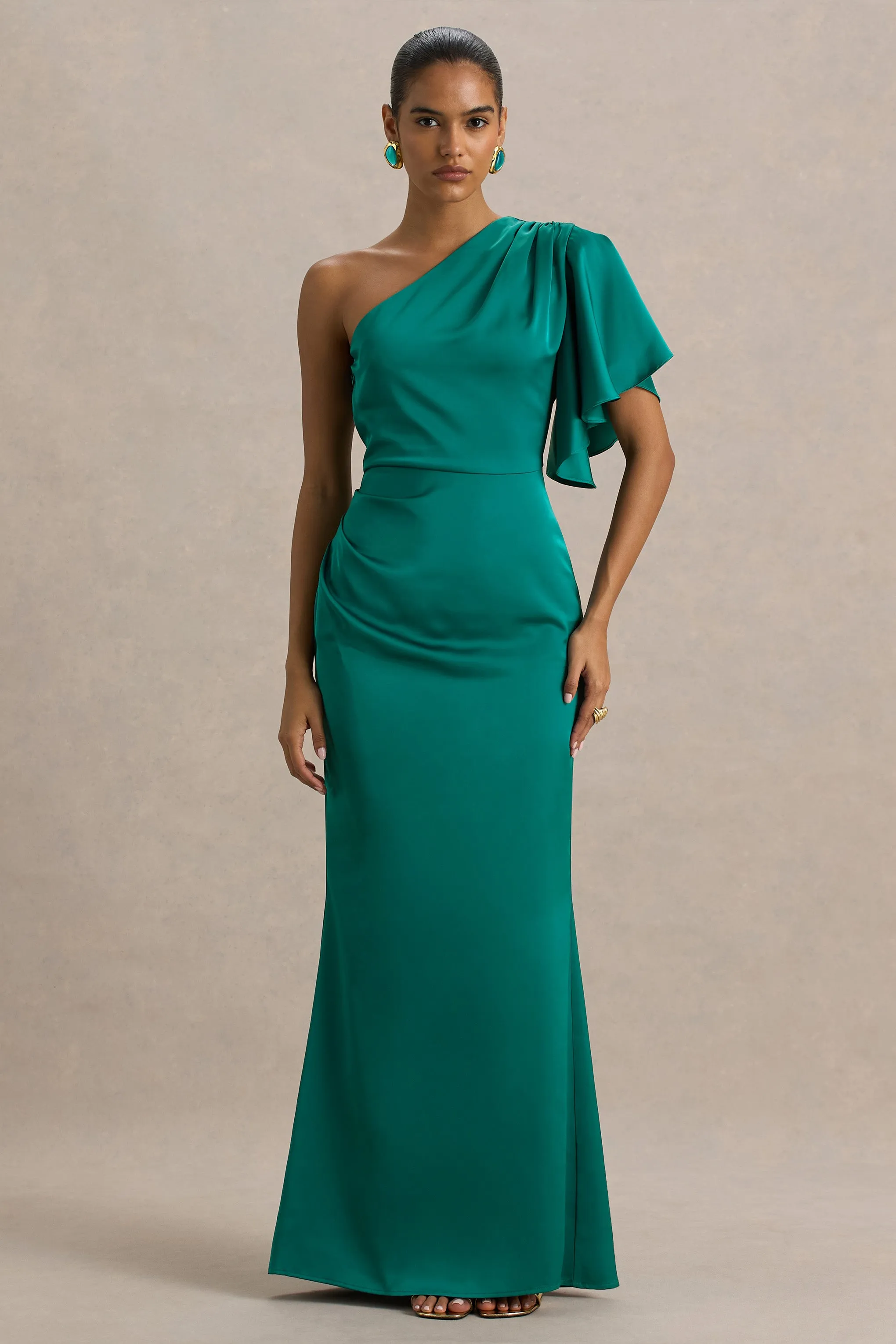 Unforgettable | Bottle Green Asymmetric-Neck Maxi Dress With Ruched Detailing sold by Club L London product image thumbnail 5