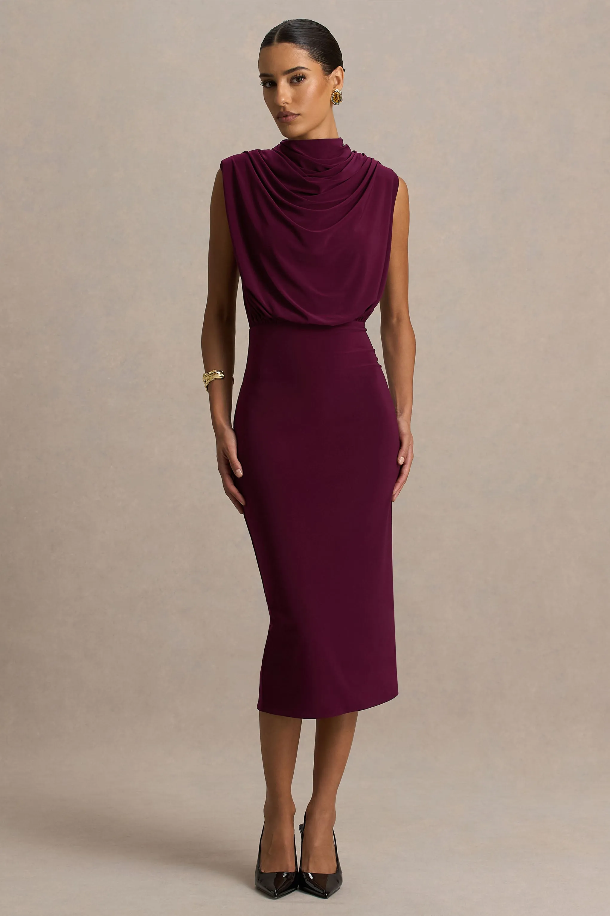 Hermia | Burgundy High-Neck Midi Dress sold by Club L London product image thumbnail 4