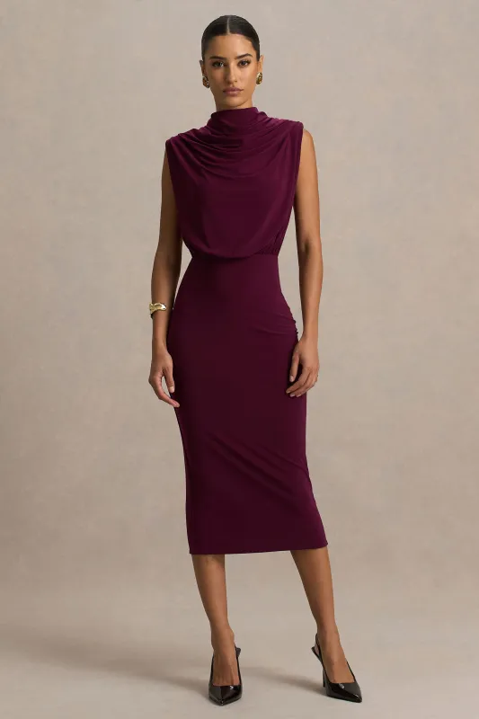 Hermia | Burgundy High-Neck Midi Dress sold by Club L London