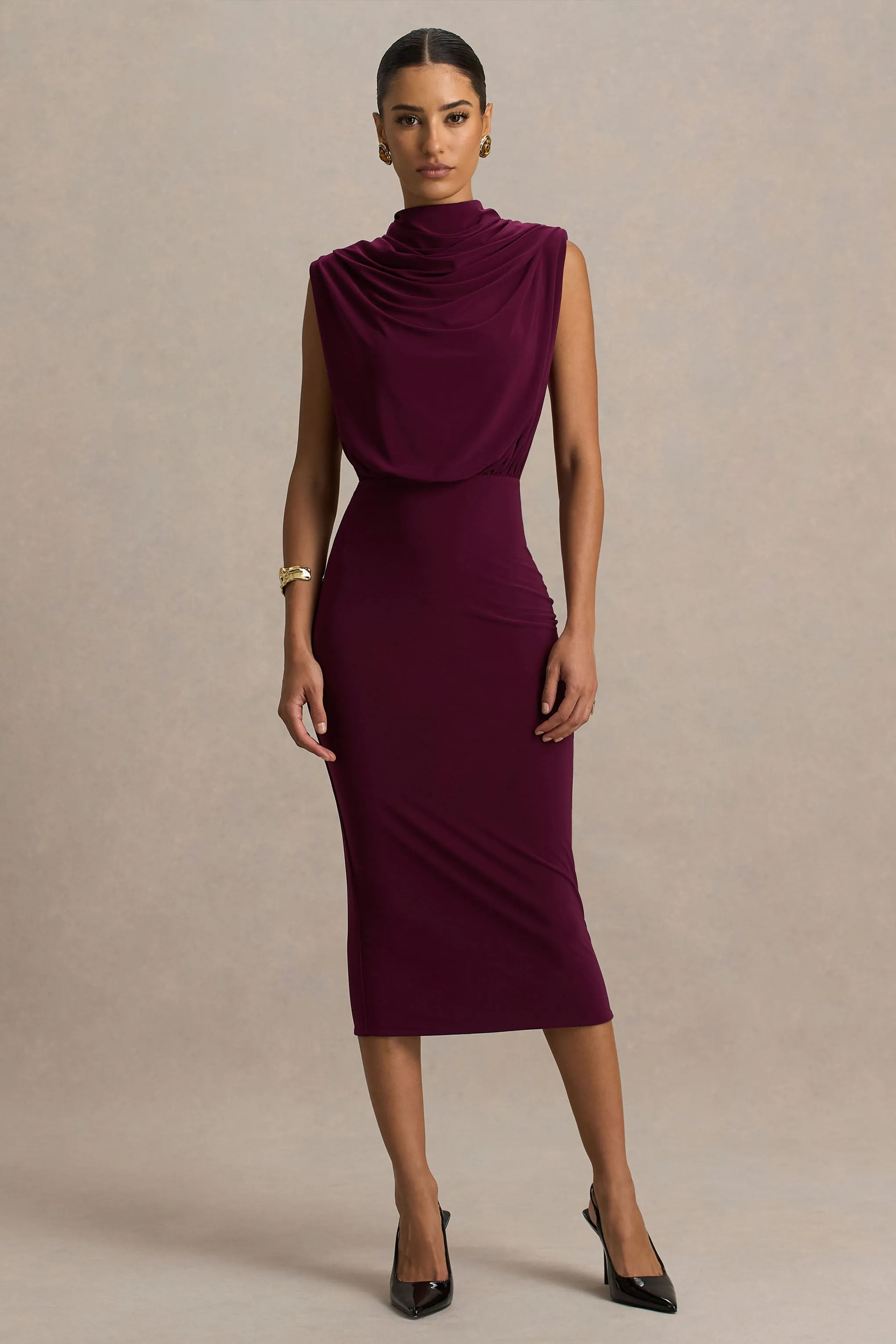 Hermia | Burgundy High-Neck Midi Dress sold by Club L London