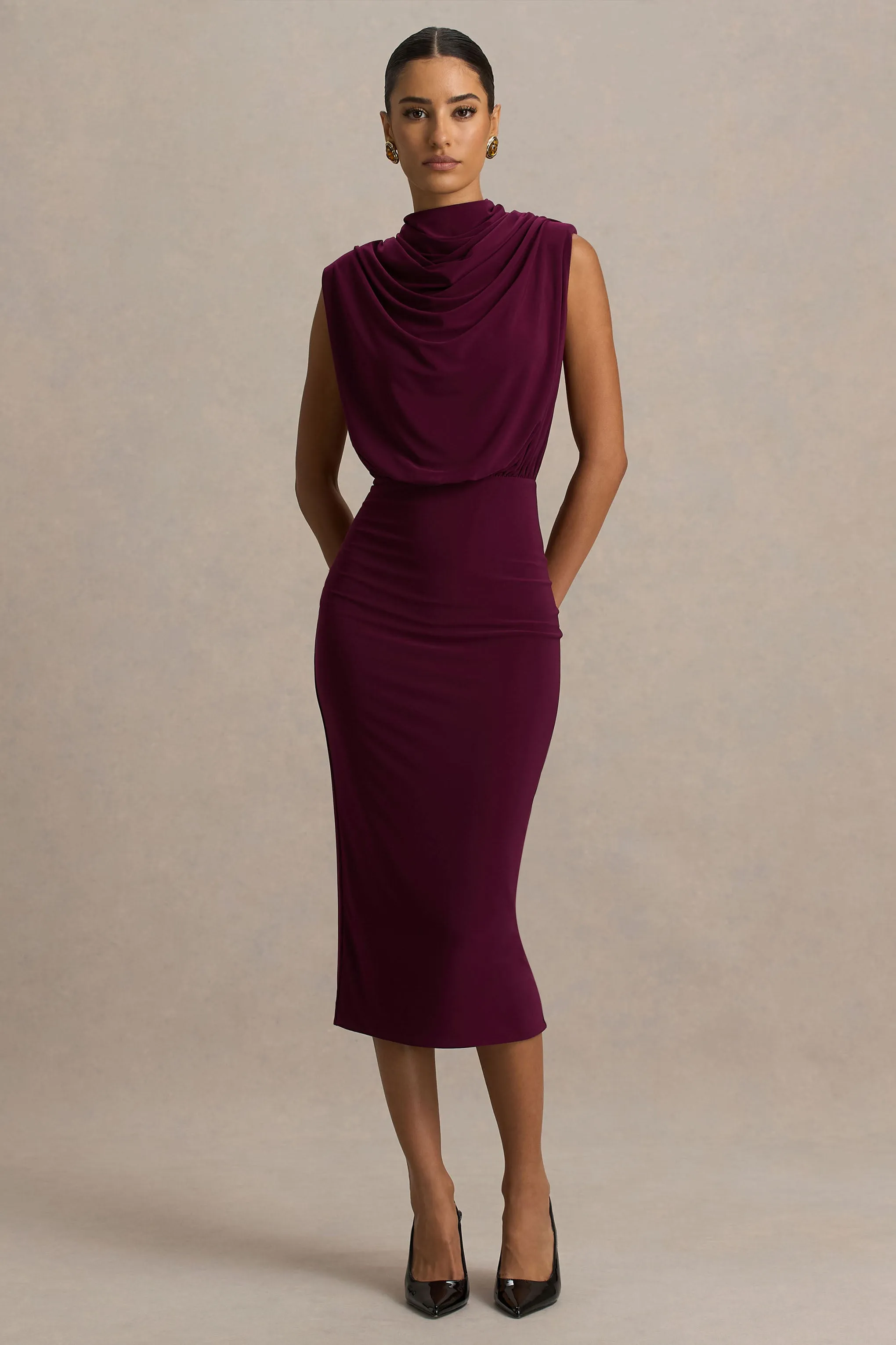 Hermia | Burgundy High-Neck Midi Dress sold by Club L London product image thumbnail 5