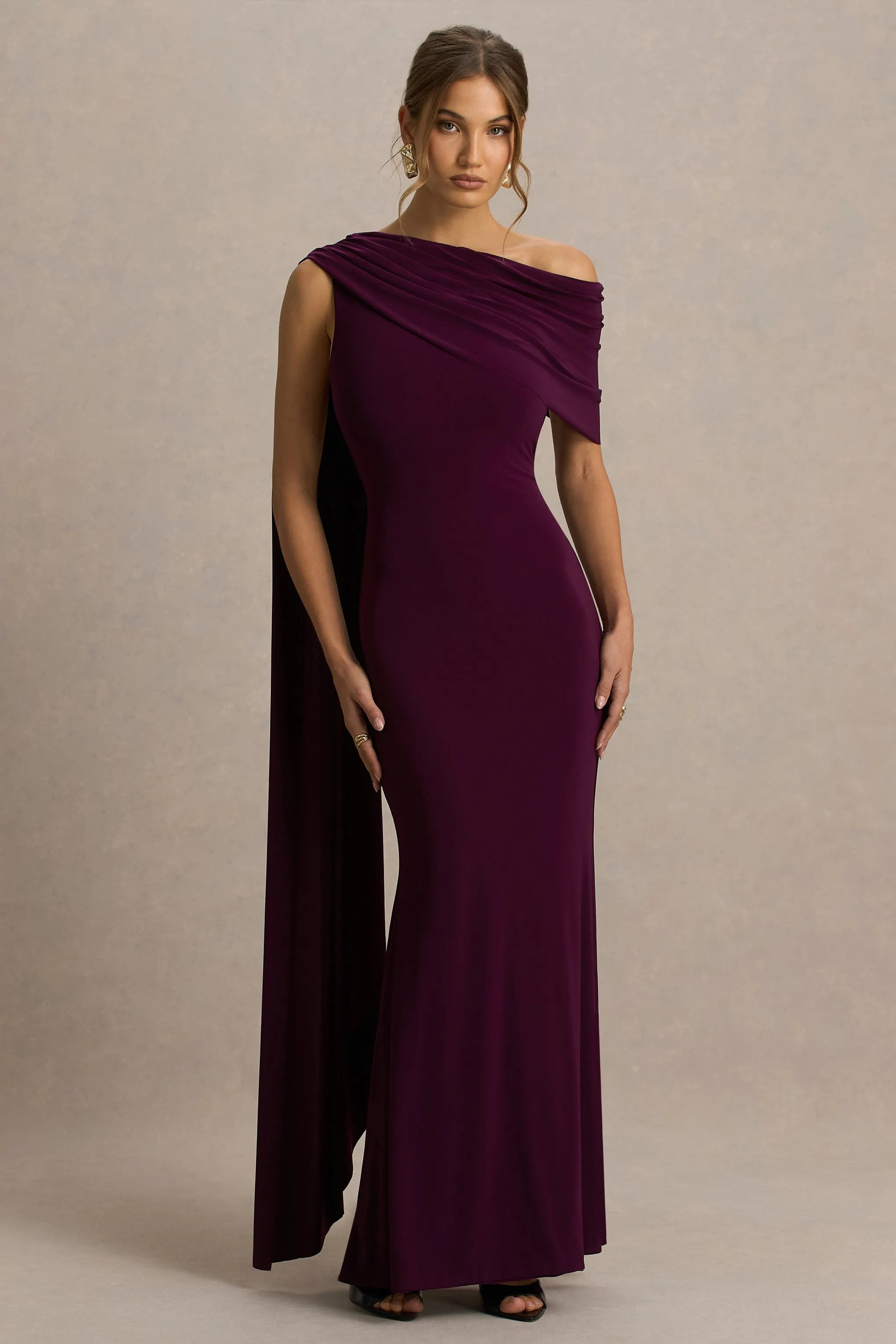 Tiana | Dark Plum Asymmetric-Neck Maxi Dress With Draped Detail sold by Club L London product image thumbnail 5