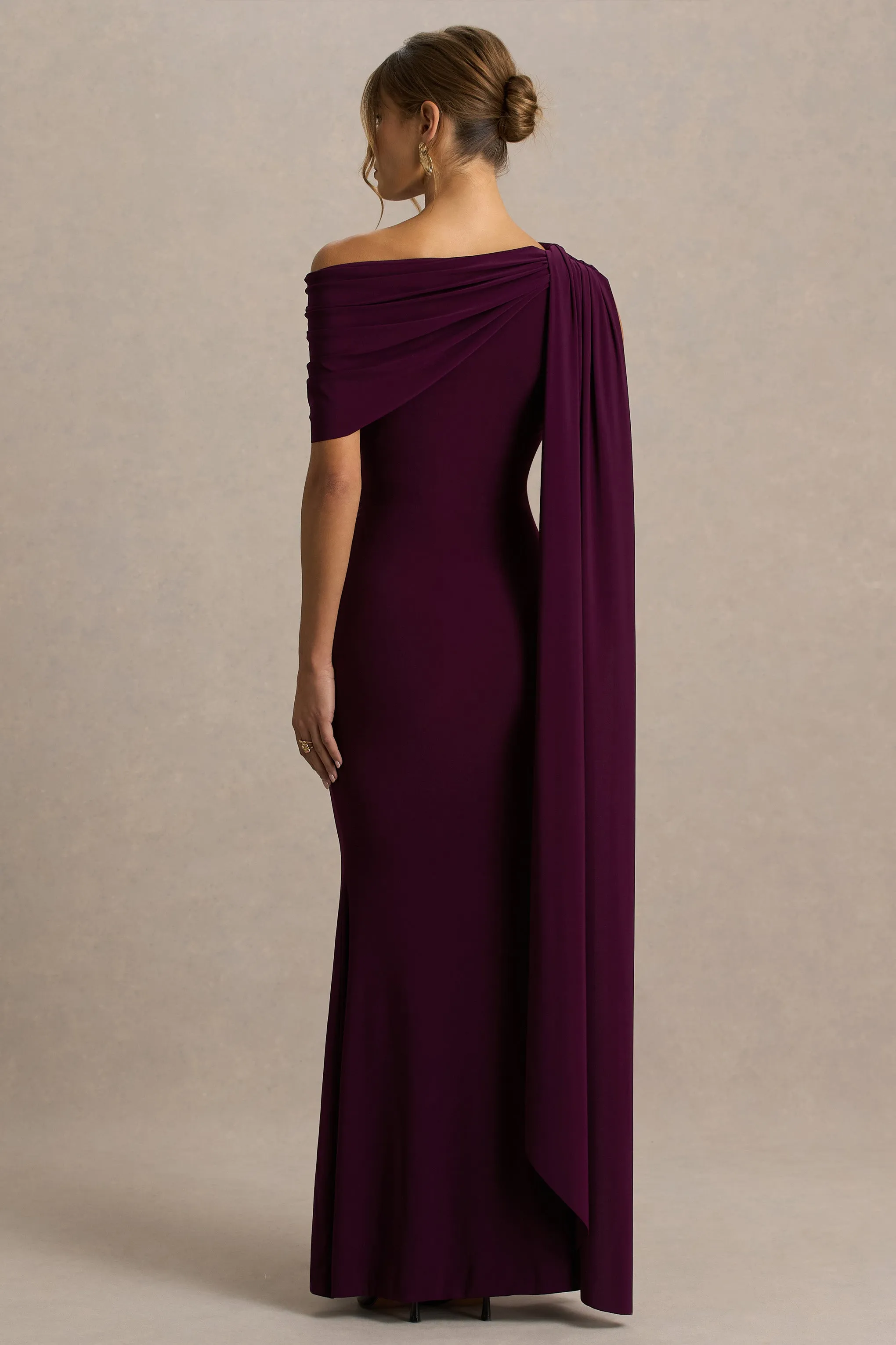 Tiana | Dark Plum Asymmetric-Neck Maxi Dress With Draped Detail sold by Club L London product image thumbnail 2