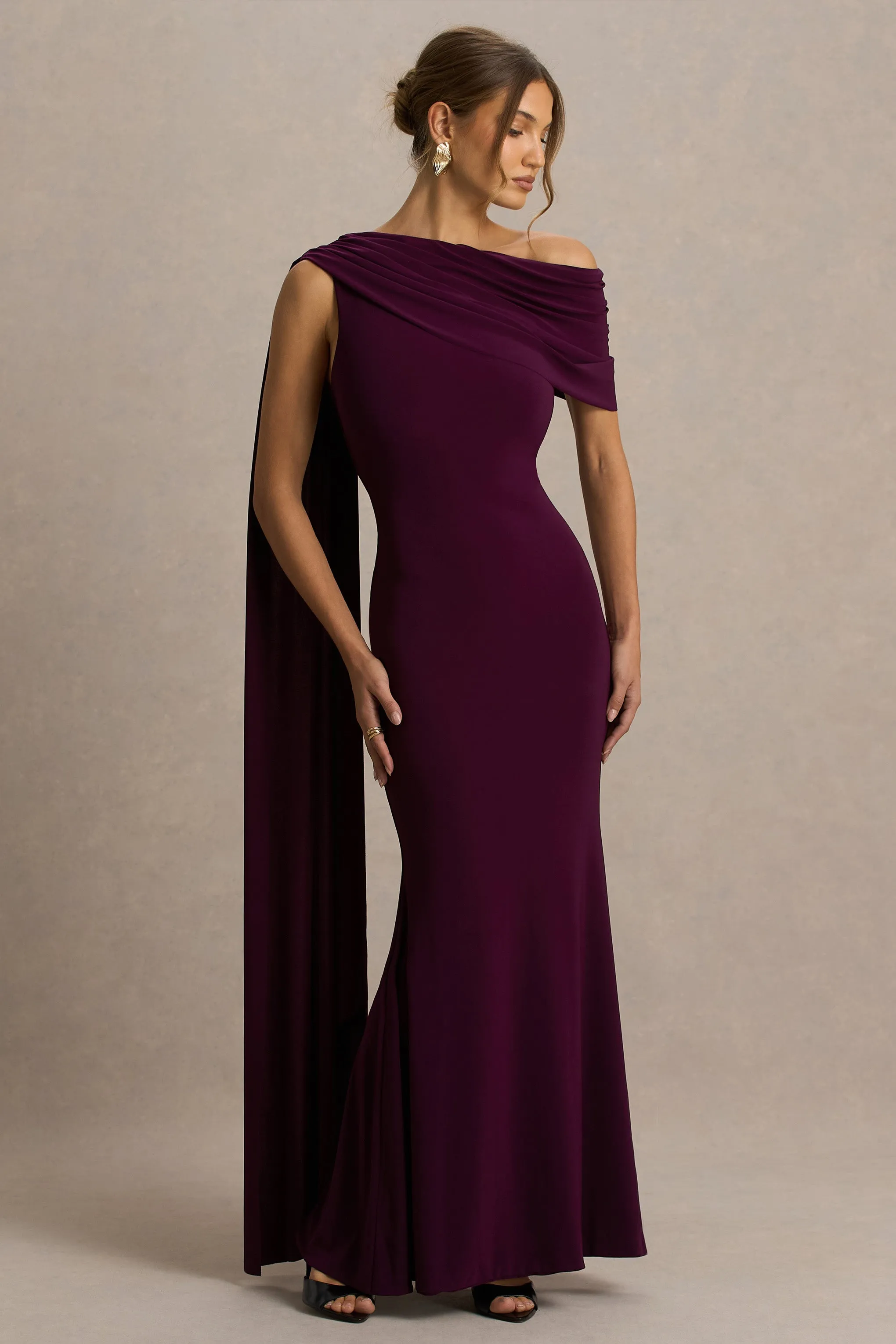 Tiana | Dark Plum Asymmetric-Neck Maxi Dress With Draped Detail sold by Club L London product image thumbnail 3