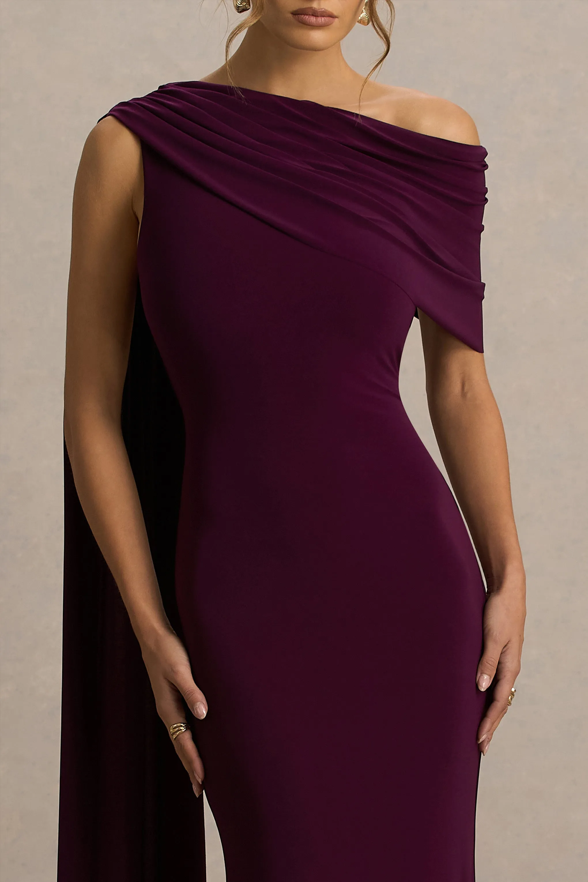 Tiana | Dark Plum Asymmetric-Neck Maxi Dress With Draped Detail sold by Club L London product image thumbnail 4