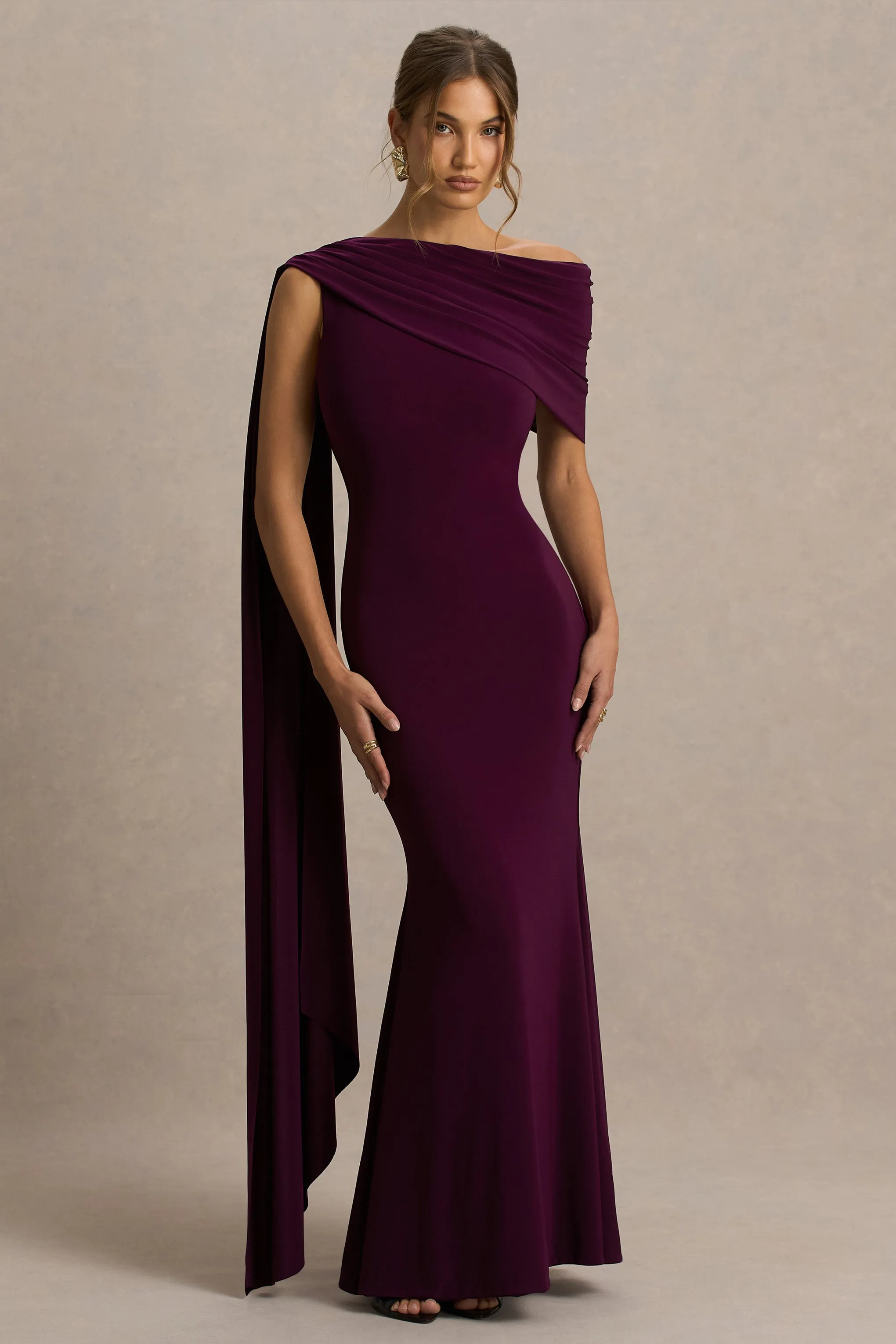 Tiana | Dark Plum Asymmetric-Neck Maxi Dress With Draped Detail sold by Club L London