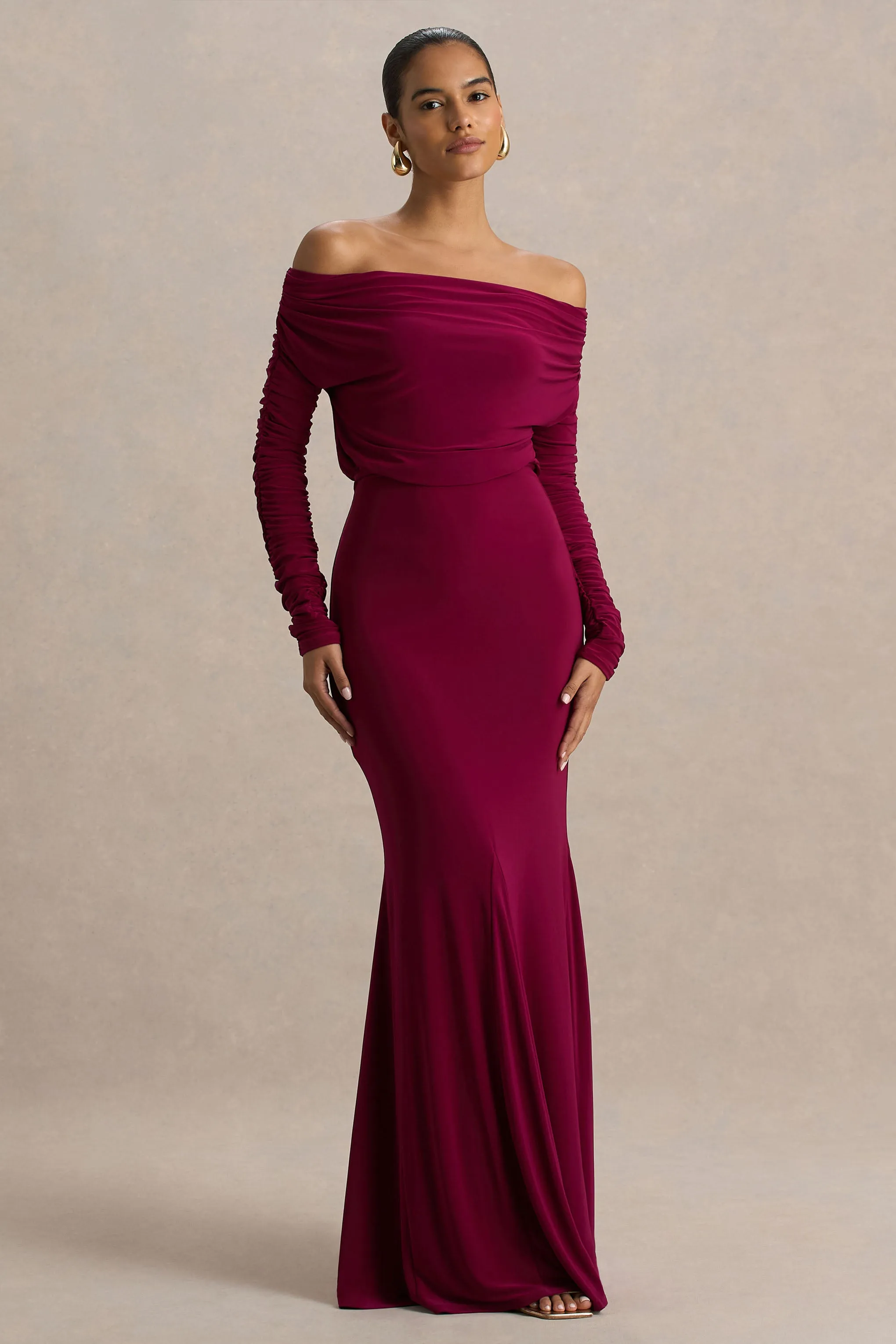 Cilla | Burgundy Bardot-Neck Maxi Dress With Ruched Detailing sold by Club L London product image thumbnail 5